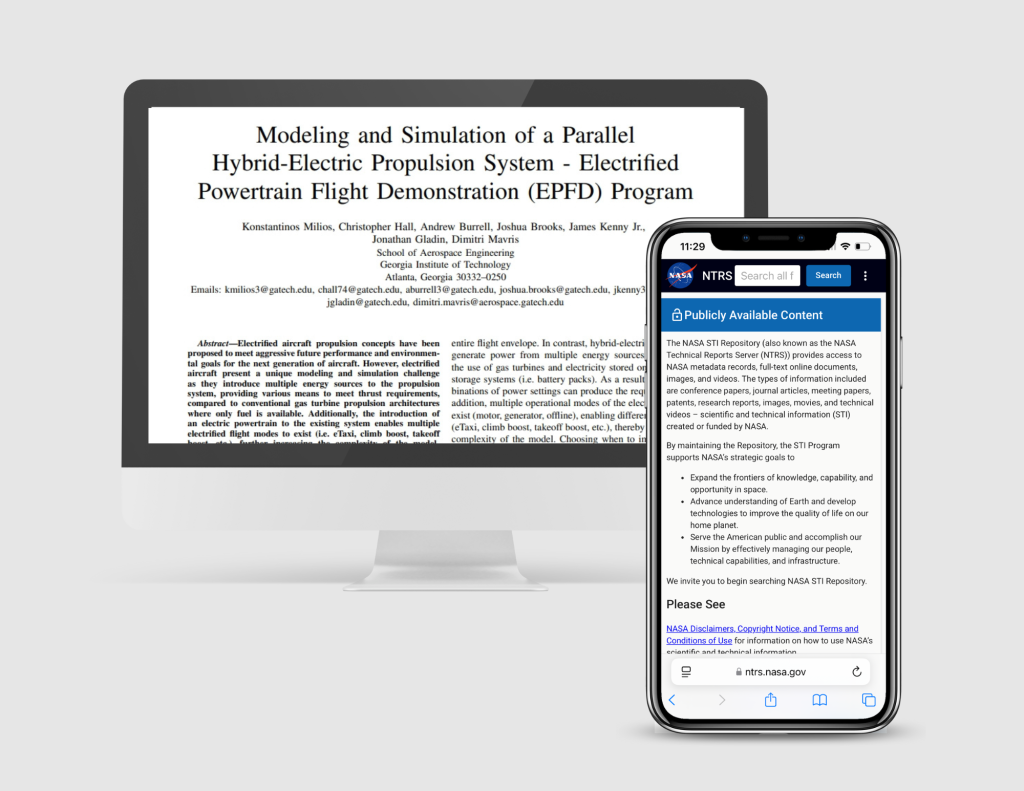 An image of a deskop computer displaying a technical paper with an iPhone in front to the right displaying the front page of NASA’s Technical Report Server website. 