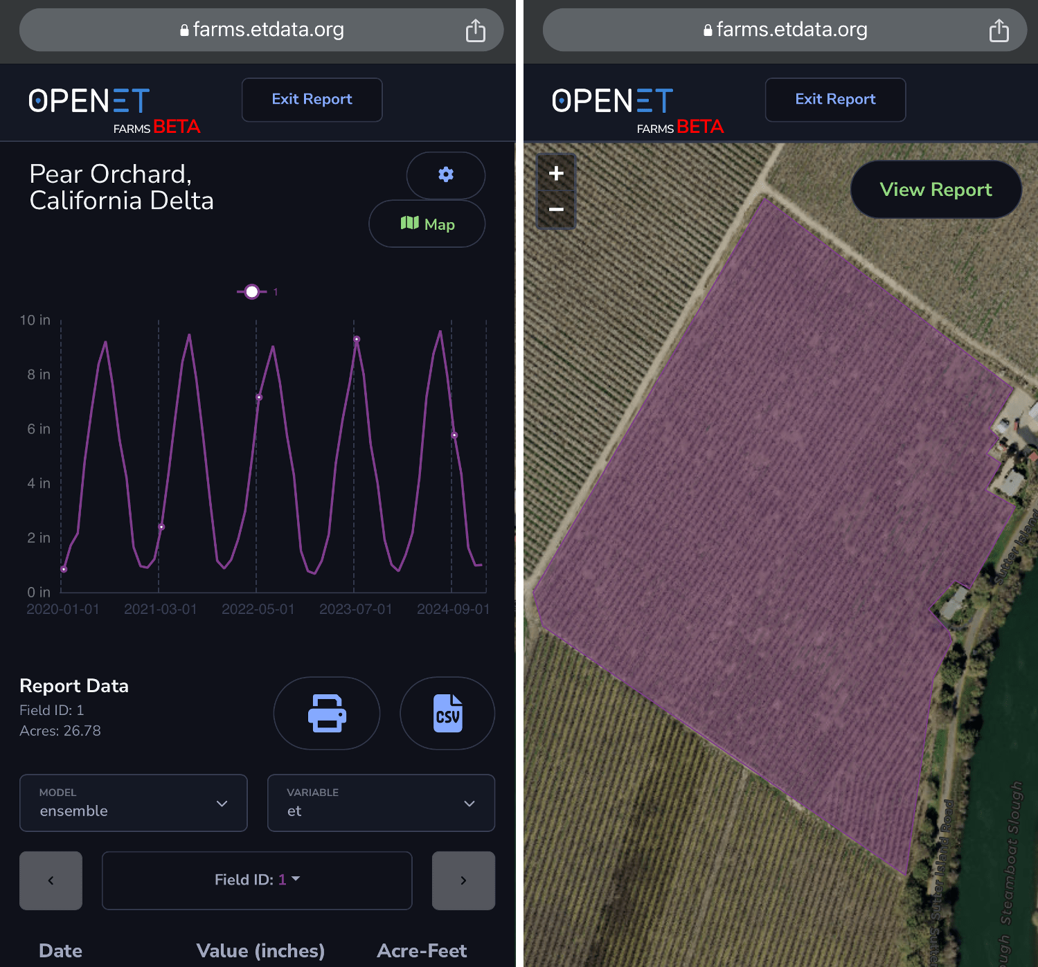 Two screenshots of a smartphone interface. The right is a satellite image of an orchard, with one orchard field colored in purple. The left is an electronic dhasboard with a single purple line graph that spikes up and back down five times at regular intervals.