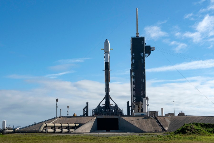 A SpaceX Falcon 9 rocket stands vertical on Tuesday, Feb. 25, 2025, at Launch Complex 39A at NASA's Kennedy Space Center ahead of Intuitive Machines' IM-2 mission as part of the agency's Commercial Lunar Payload Services initiative and Artemis campaign.