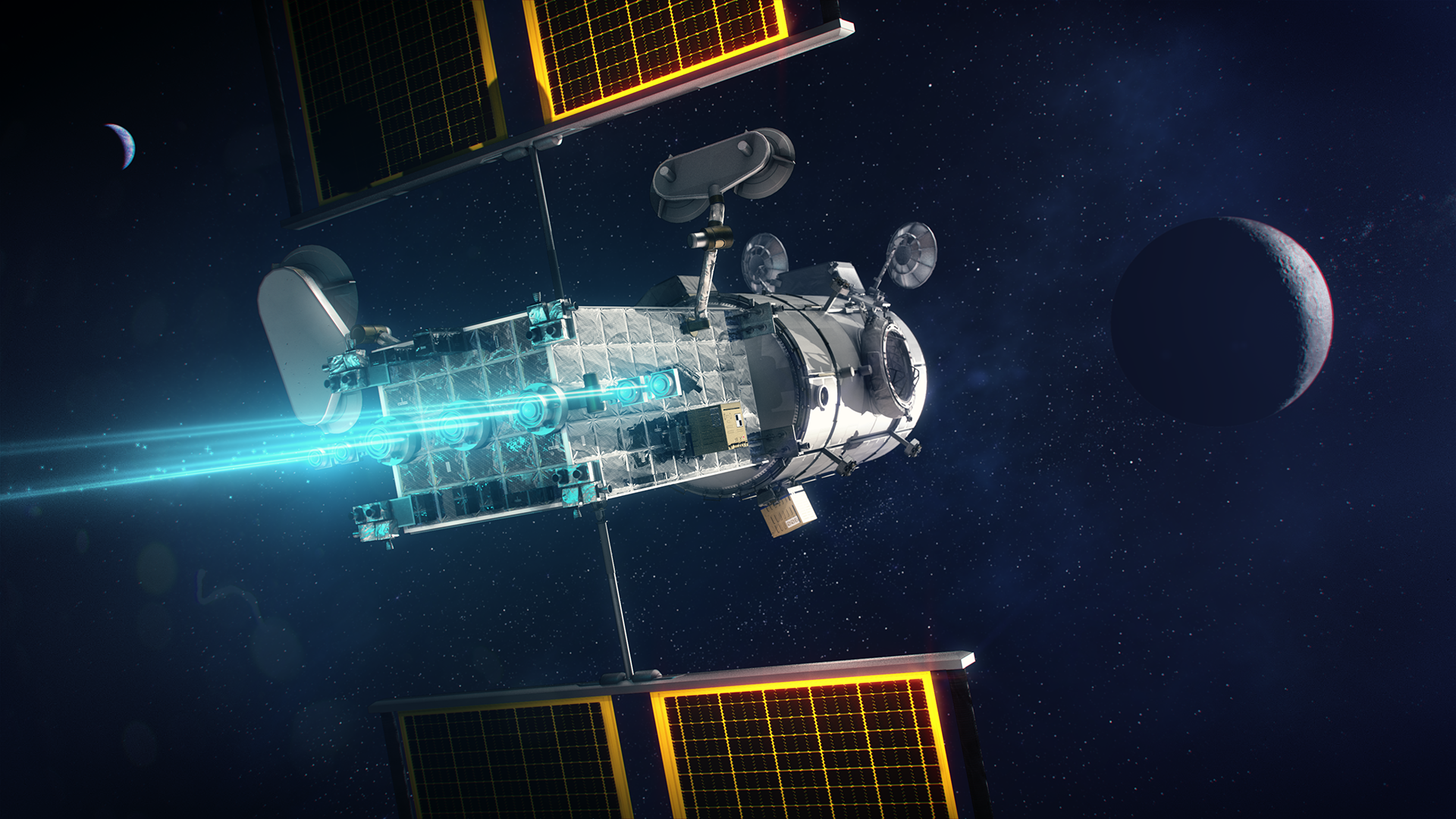 Artist's rendering of the Gateway lunar space station in its initial stage, featuring the Habitation and Logistics Outpost (HALO) joined with the Power and Propulsion Element (PPE). PPE is depicted using its Solar Electric Propulsion (SEP) system, with blue plumes of ionized xenon gas streaming from the spacecraft. The Moon and Earth are visible in the background.