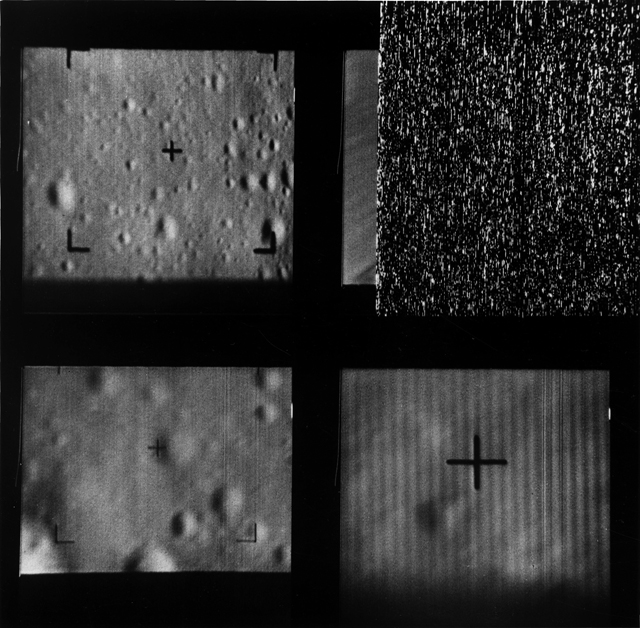 A collage of four black and white images of the Moon taken from close above its surface.