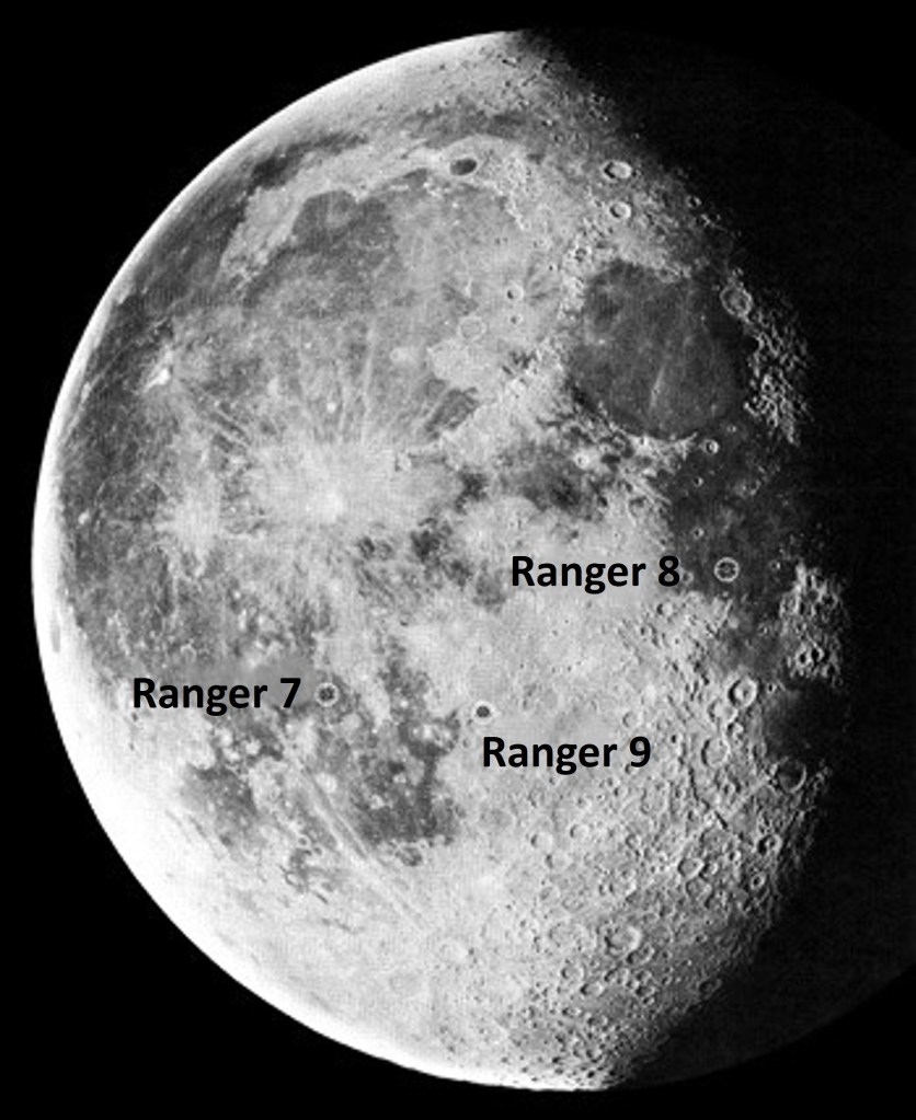 Black and white image of a gibbous Moon showing the impacts sites of Rangers 7, 8, and 9.