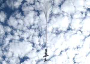 High-altitude balloon rises against a cloud dotted sky. A payload with solar panels is tethered below.