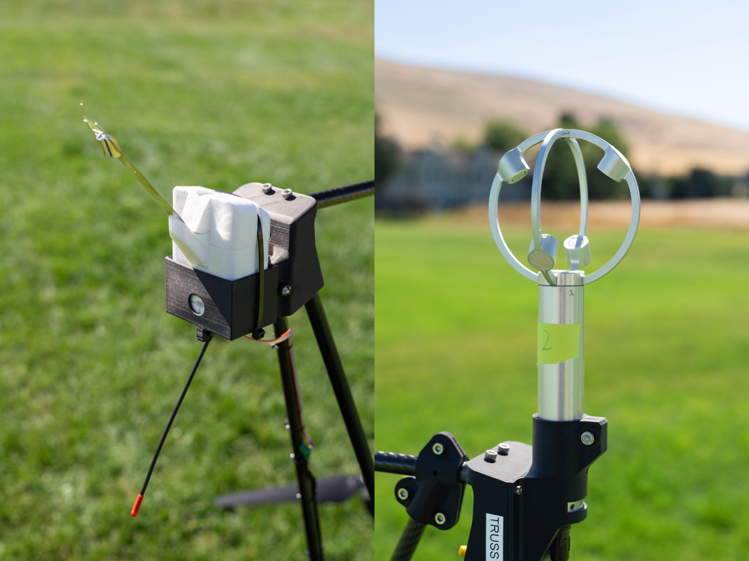 Two images sit side by side. On the left, a small white box with a silver antenna coming out the top and a black antenna coming out the bottom sits in a black structure. On the right, a silver cylinder protrudes from a black base, with two silver, interlocking rings forming a sphere on top. In the back of both photos is a green field.