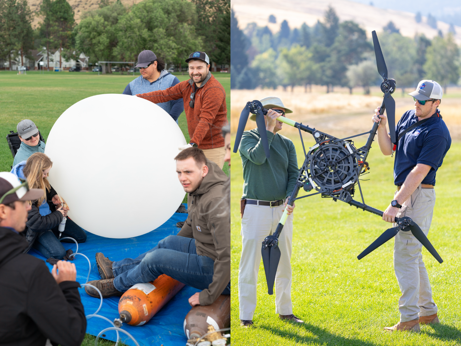 Two images sit side by side. On the left, a team of six college students gather around a giant white weather balloon, some standing some sitting. On the ground around them are gear like a tarp, gas lines, and multiple gas canisters. In the photo on the right, two adult men hold a large quadcopter drone sideways between them, rotors akimbo.