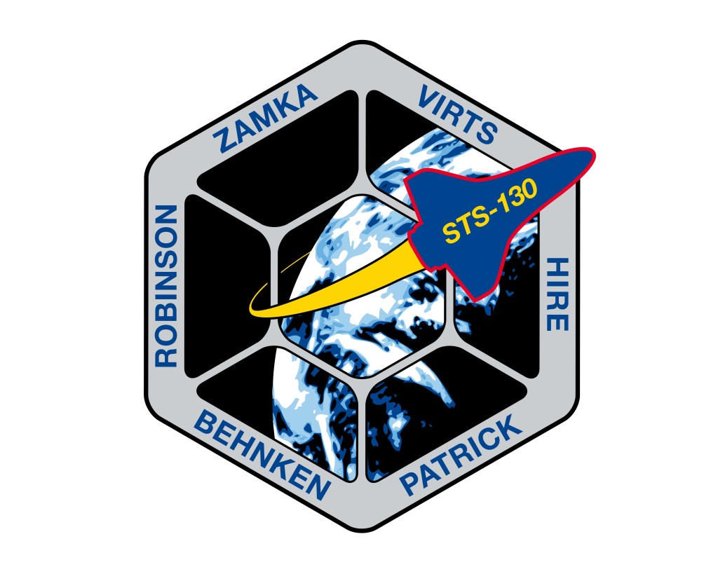 Hexagonal crew patch representing the cupola on space station, with a stylized space shuttle orbiter with STS-130 written on it, and the crew's names around the outside border of the patch.