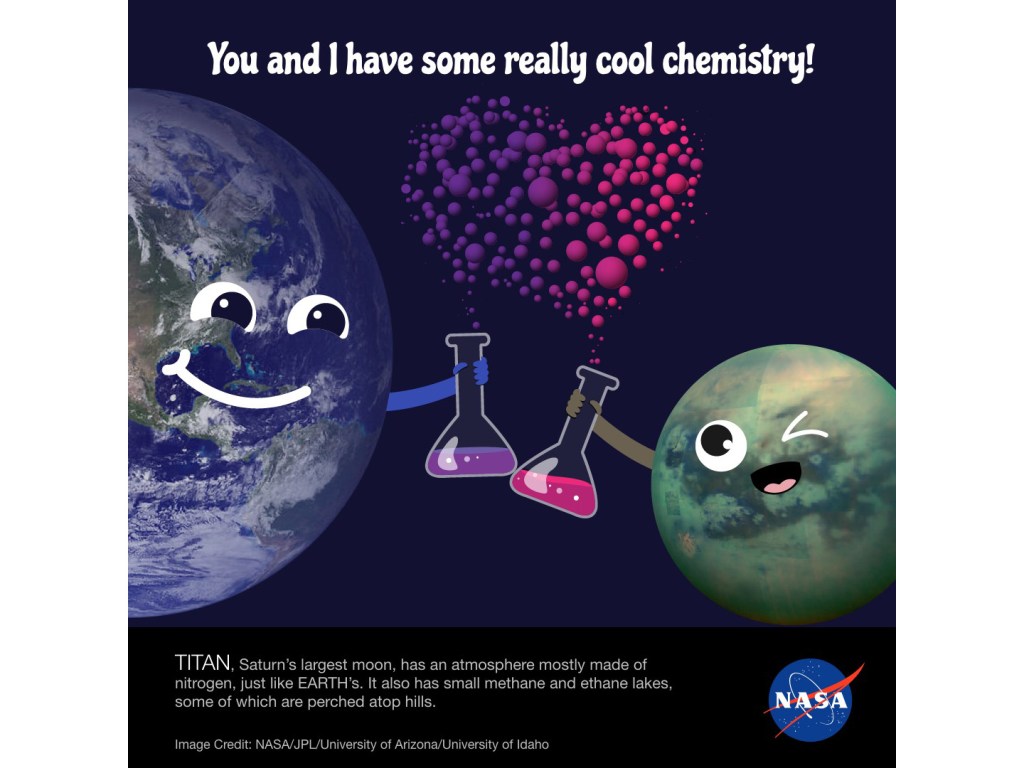 Image of Earth and Titan holding up flasks filled with colorful liquid. Valentine caption reads "You and I have some really cool chemistry!