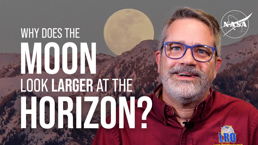 A person with glasses in front of a moonlit mountain backdrop, featuring text: "Why does the moon look larger at the horizon?" with a NASA logo.