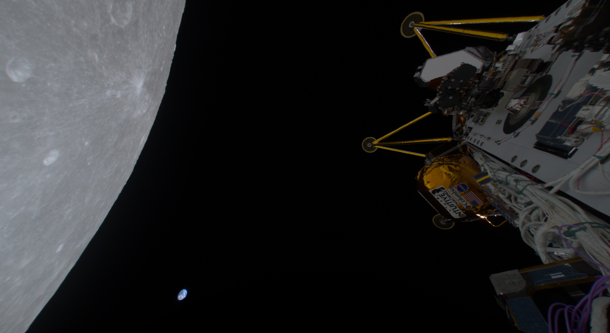 IM-2 mission lunar lander in orbit around the Moon with the Earth in the distant background.