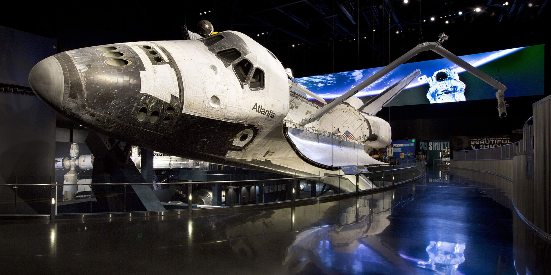 View of a space shuttle orbiter on display.