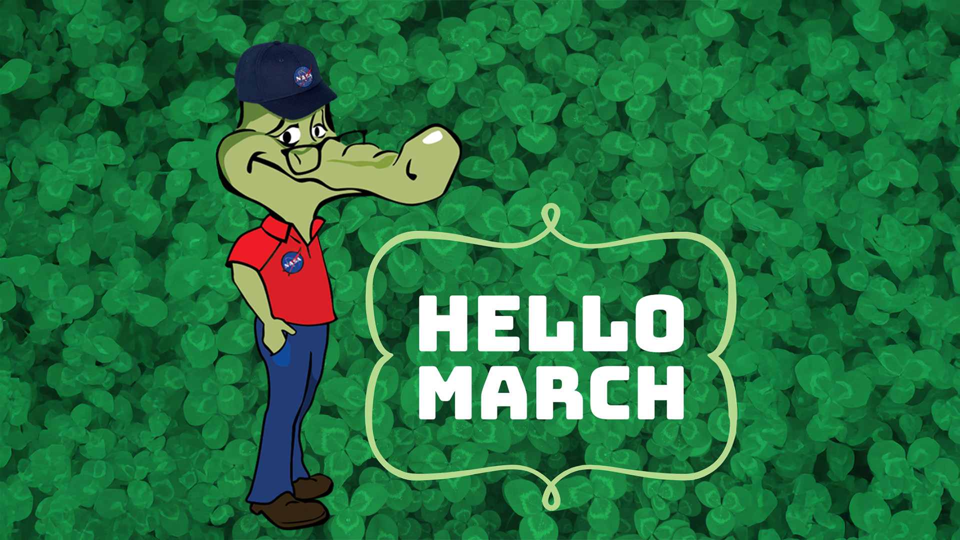 Gator, a fictional character, for the Lagniappe for March 2025 issue is seen on a background of clover