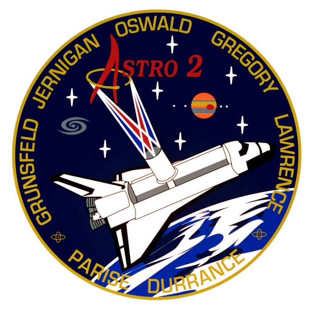 Circular crew patch with a space shuttle and telescopes pointing out of the payload bay toward stars and Jupiter, with the astronauts' names printed around the border.