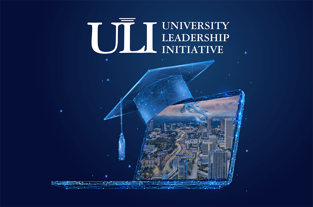 A university teams graphic showing a University Leadership Initiative headline over a graduation cap atop a laptop.