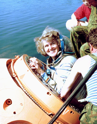 Shannon Lucid during Soyuz survival training in Russia in the Black Sea