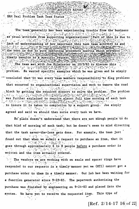 Activity Report: SRM Seal Problem Task Team Status. Signed: R. Boisjoly. 10/4/85.